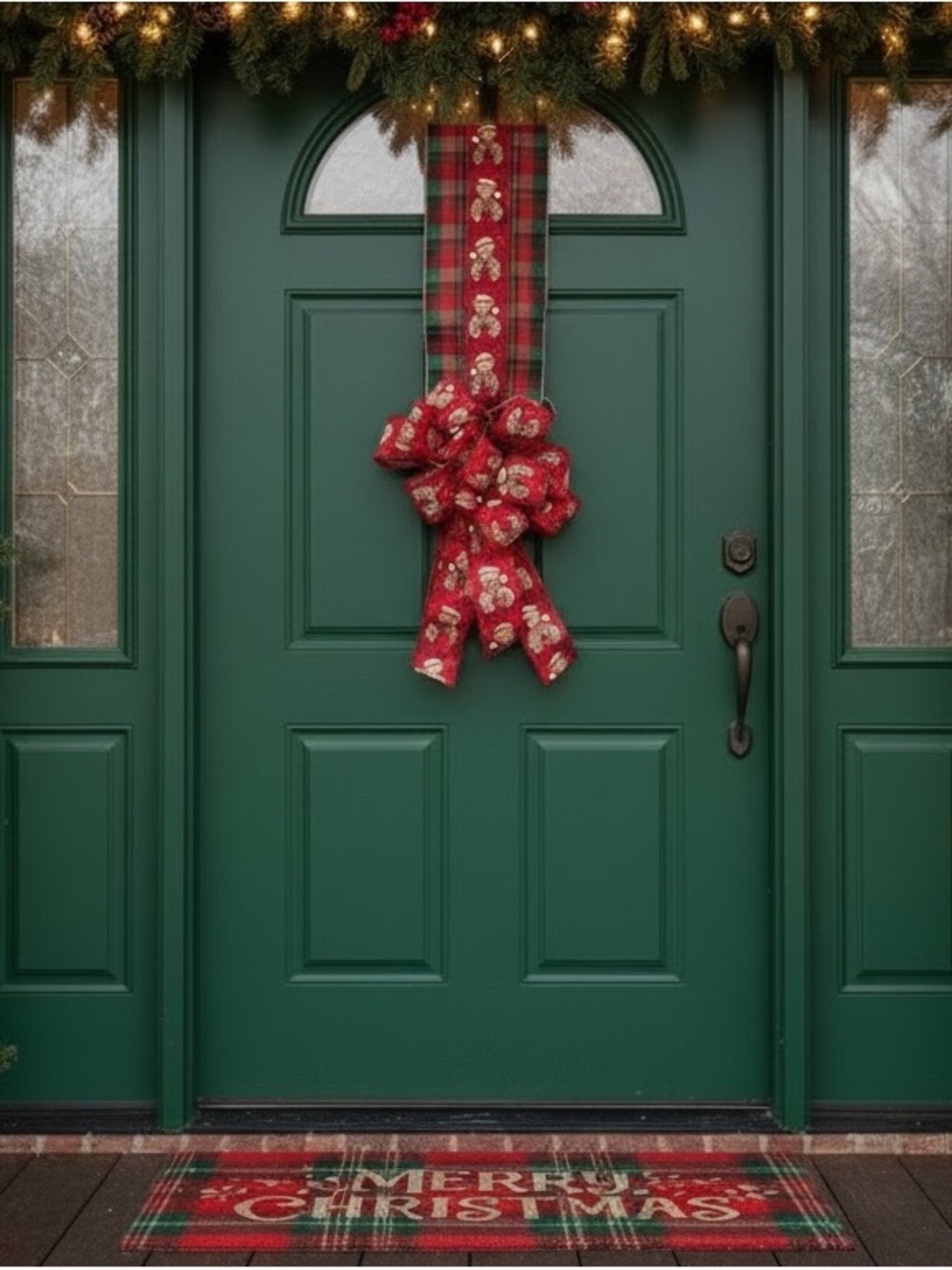 Holiday Red Plaid /teddy bear Holiday over Door swag -  w/light